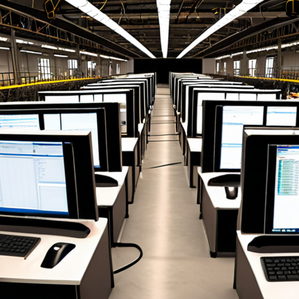 A chaotic, cluttered Agile development environment, depicted with a sense of overwhelm and stagnation. Developers are shown on a perpetual "hamster wheel" of activity, furiously typing amidst an endless, unprioritized digital backlog spilling across multiple screens. In the background, a relentless "feature factory" conveyor belt churns out generic, identical software boxes that are piling up unused or falling into a waste bin. Emphasize the illusion of busyness without true impact, reflecting wasted effort, developer burnout, and misaligned priorities. The atmosphere should be dimly lit, feeling unproductive and exhausting.