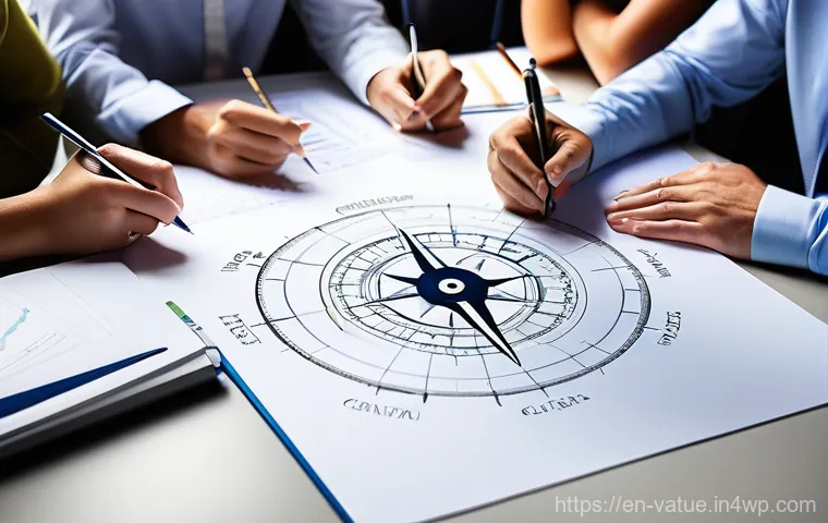 가치 기반 우선순위화와 분산 의사결정 - **A Diverse Group Navigating a Bureaucratic Labyrinth:**
    A vibrant and detailed illustration dep...