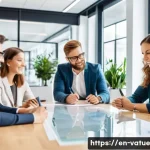 가치 기반 우선순위화와 팀 목표 설정 - A diverse professional team gathered around a modern conference table, engaged in a collaborative br...