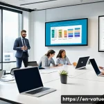 가치 기반 우선순위화 전략 개발하기 - A modern office scene featuring a diverse team of professionals gathered around a large conference t...