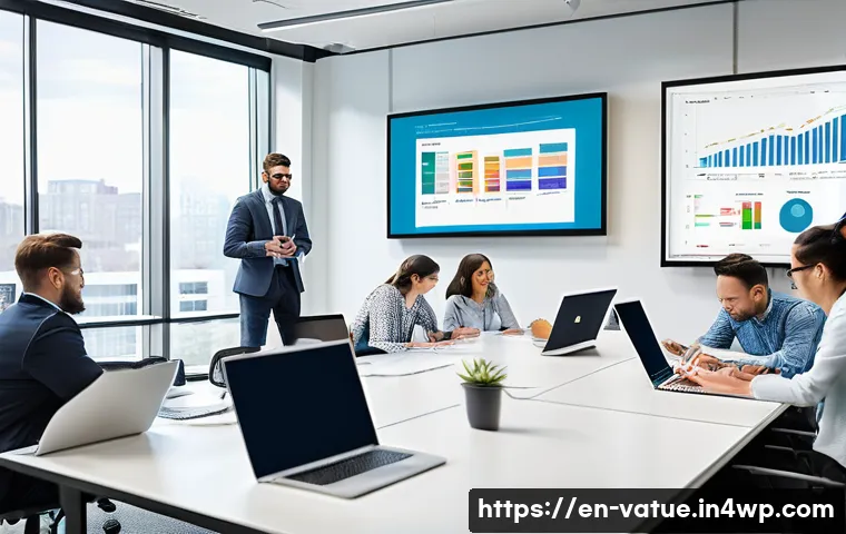 가치 기반 우선순위화 전략 개발하기 - A modern office scene featuring a diverse team of professionals gathered around a large conference t...