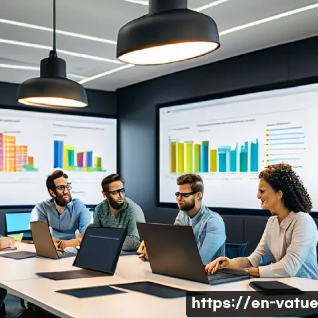 가치 기반 우선순위화의 성공적인 사례 - A modern office scene showing a diverse product development team gathered around a large digital scr...