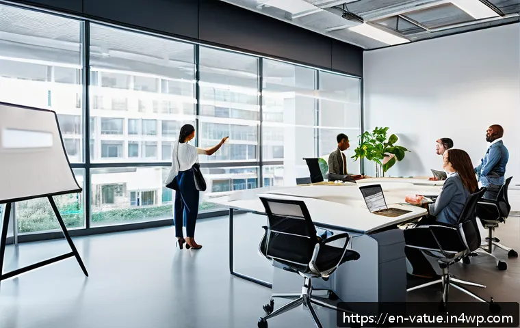 가치 기반 우선순위화의 교육 프로그램 - A modern office scene showing a diverse team of professionals collaborating around a large table wit...