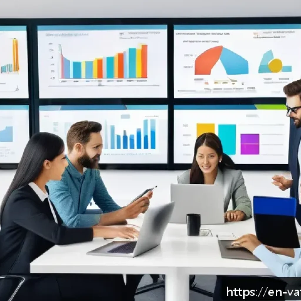 가치 기반 우선순위화의 외부 환경 분석 - A modern office scene showing a diverse cross-functional team collaborating around a large digital s...